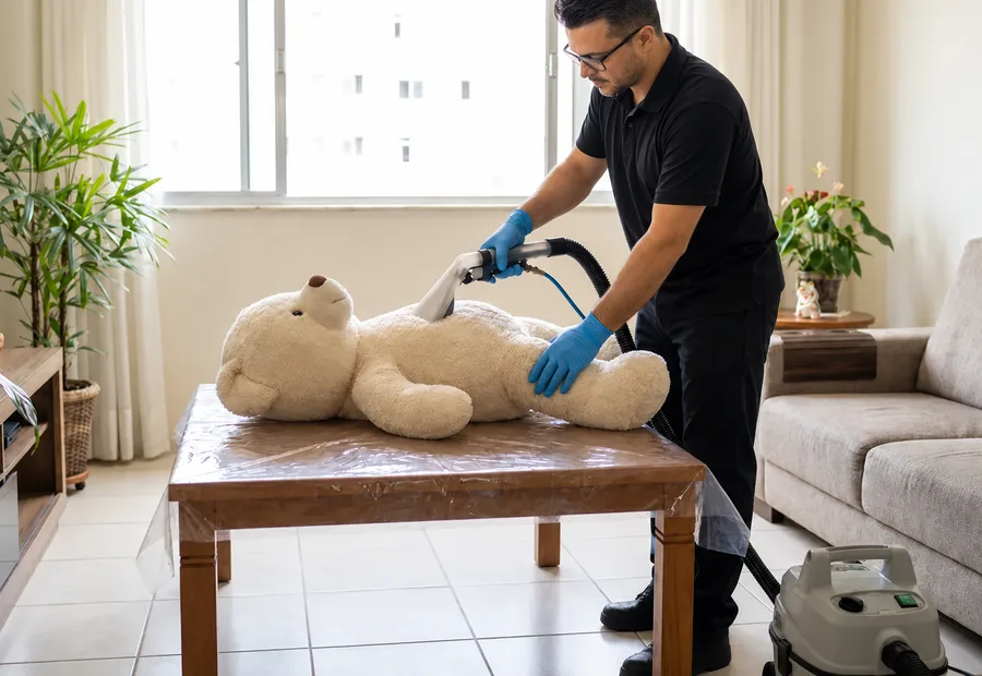 Técnico da Lava Tudo VIP higienizando bichinhos de pelúcia