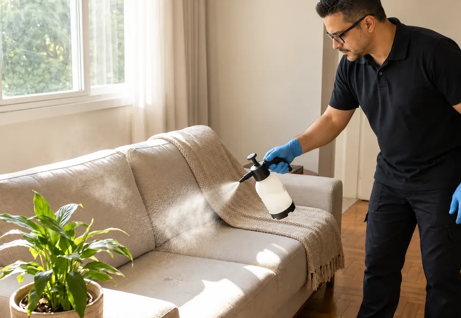 Técnico aplicando proteção em sofá de tecido na sala de uma casa