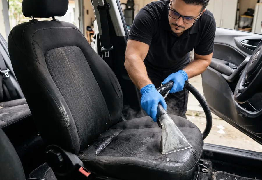 Técnico limpando o banco de um carro com extratora para a higienização do interior