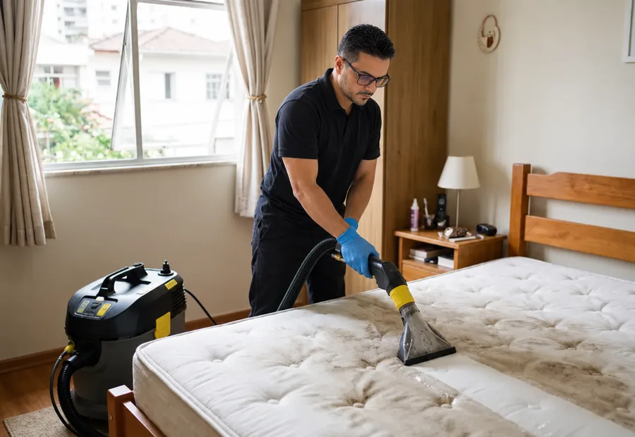 Técnico da Lava Tudo VIP limpando colchão de casal com extratora dentro do quarto
